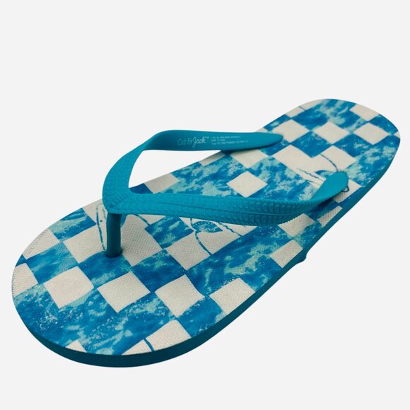 Unisex Cat & Jack Flip Flop Sandals Blue Checkered Water Print Thong Size M 2/3 - Picture 1 of 5